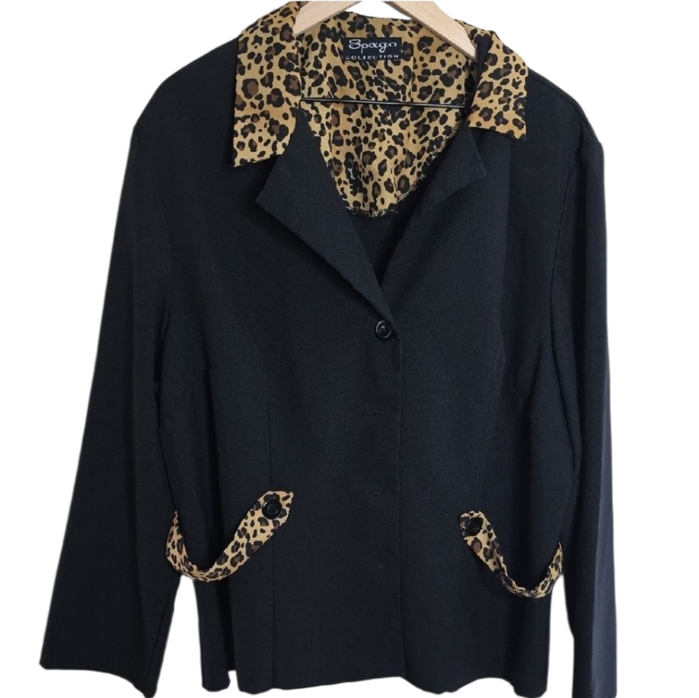 Spago Collection Vintage Black Blazer Leopard Print Collar & Cuffs Women Size 2X
